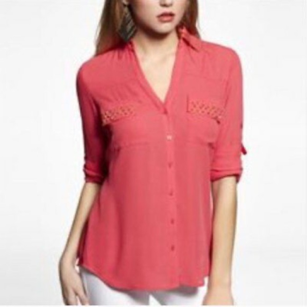 3/$18 Pink Express Blouse with spike stud pockets